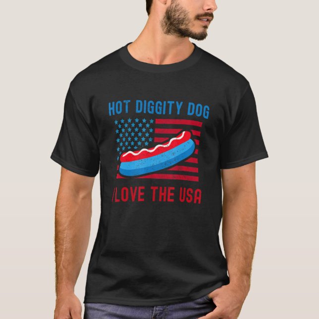 T-shirt 4 juillet Chien Hot Diggity J'Aime Les États-Unis  (Devant)