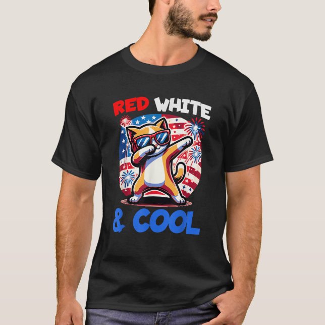 T-shirt 4 juillet Rouge Blanc Cool Dabbing Kitty Chat Drôl (Devant)