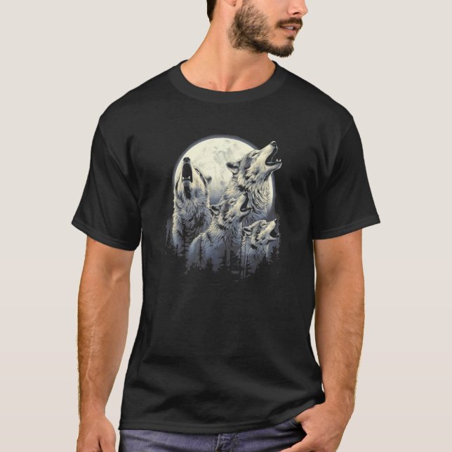 T-shirt 4 Wolves Howling Full Moon in Background - Wolf Lo (Devant)