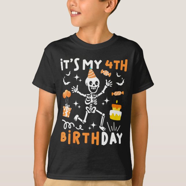 T-shirt 4e anniversaire enfants drôle squelette 4e anniver (Devant)