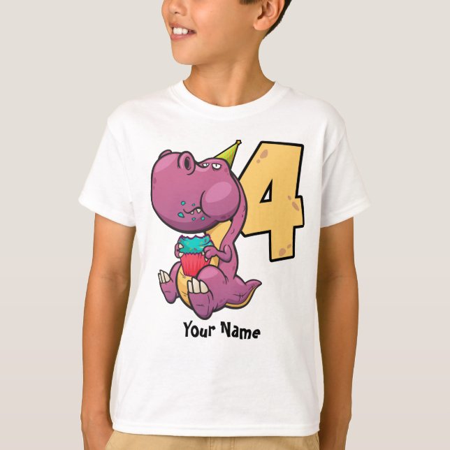 T-shirt 4ème anniversaire de dinosaure pourpre de T-Rex (Devant)