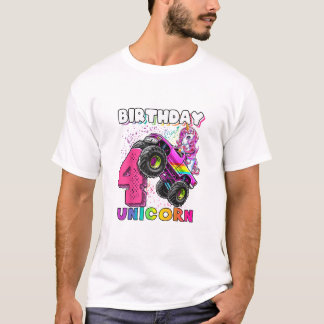 T-shirt 4th Birthday Unicorn Monster Truck Birthday Party 