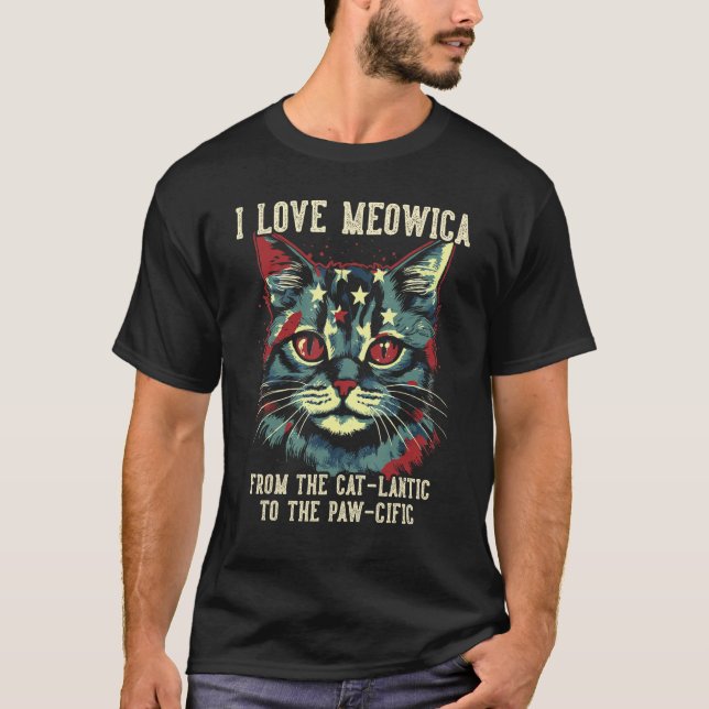 T-shirt 4th July Cat Lover, I Love Meowica Patriotic Cat W (Devant)
