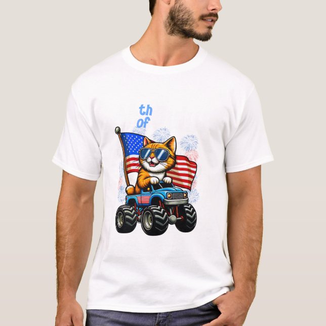 T-shirt 4th Of July Cat Riding Monster (Devant)
