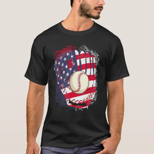 T-shirt 4th Of July Catcher Baseball Player US Flag Sport  (Devant)
