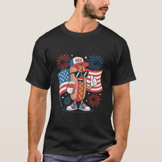 T-shirt 4th Of July Hotdog American Flag Patriotic Firewor
