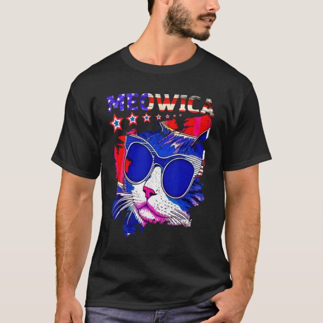 T-shirt 4th Of July Meowica Retro Cat American Flag USA Pa (Devant)