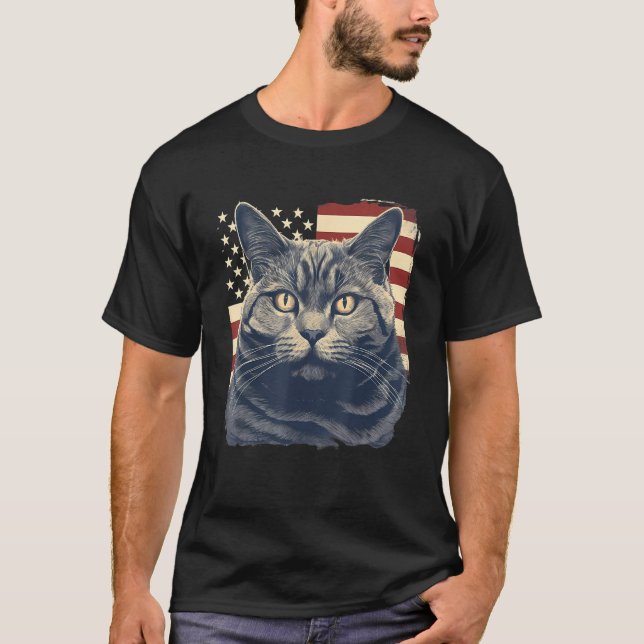 T-shirt 4th Of July US Flag Chartreux Cat (Devant)