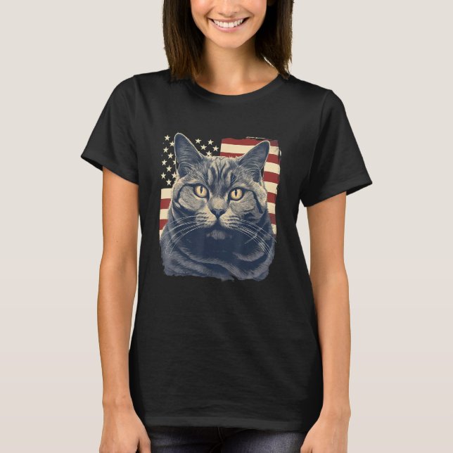 T-shirt 4th Of July US Flag Chartreux Cat (Devant)