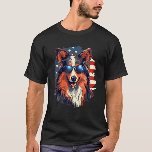 T-shirt 4th Of July US Flag Shetland Sheepdog (Devant)