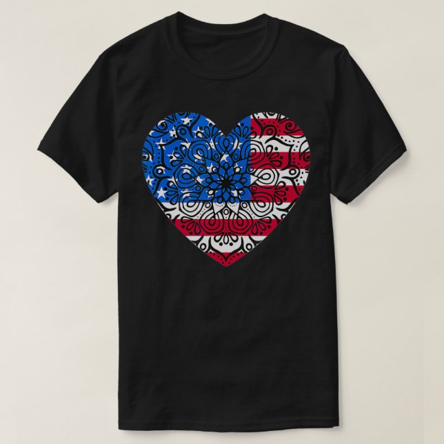 T-shirt 4th of July Women Girls Kids Mandala American Hear (Design devant)