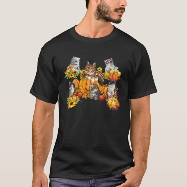 T-shirt 5 Cat Kitten Cute Pumpkins Sunflower (Devant)