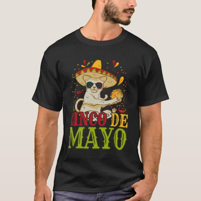 T-shirt 5 Cinco De Mayo  Cat With Mexican Hat And Taco (Devant)