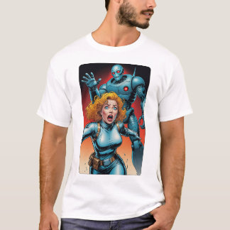 T-shirt 60s Comic Style Woman running from Alien Robot