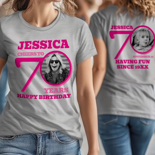 T-shirt 70th Birthday doubled sided photo name pink text (Créateur téléchargé)