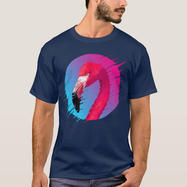 T-shirt 80s synthwave distorted sun and flamingo friend (Devant)