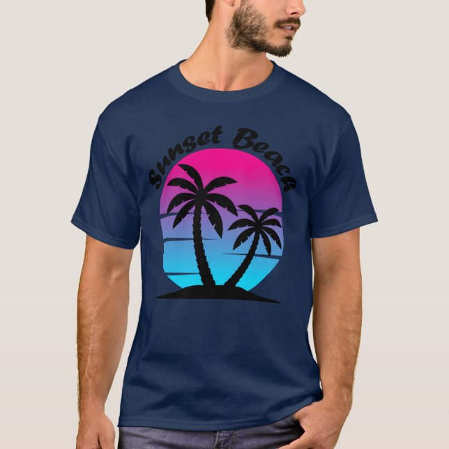 T-shirt 80s Synthwave Sunset with palm trees Sunset Beach  (Devant)