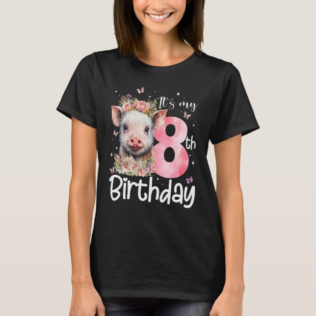 T-shirt 8 Anniversaire Filles Cochon Couronne Florale 8 An (Devant)