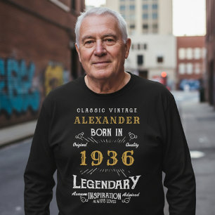 T-shirt 90e anniversaire 1936 Ajouter un nom Noir Or Légen