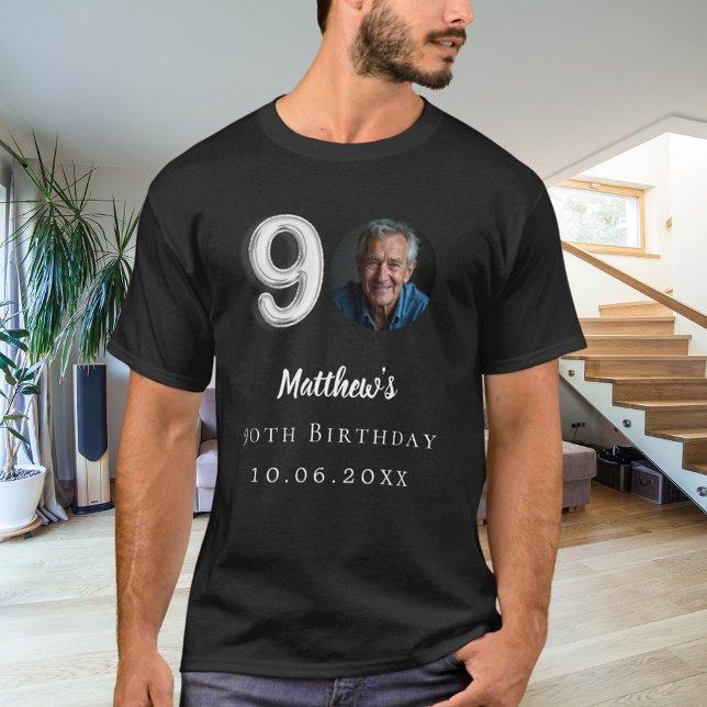 T-shirt 90e anniversaire noir argent photo (Créateur téléchargé)