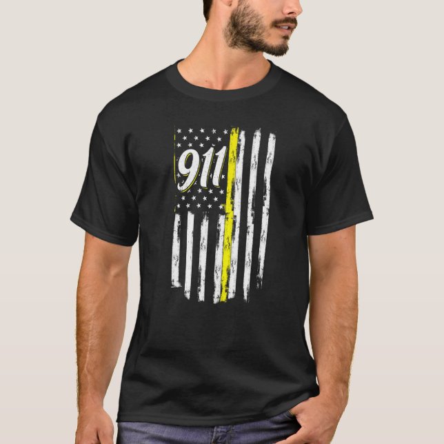 T-shirt 911 Dispatcher Thin Yellow Line Police USA Flag (Devant)