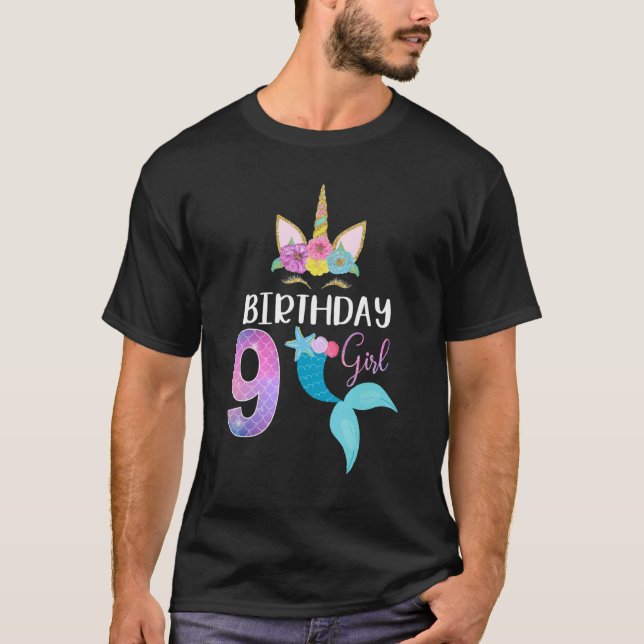 T-shirt 9e anniversaire fille Unicorn Mermaid Queue 9 ans  (Devant)