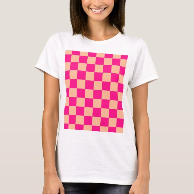 T-shirt à damiers carré pêche rose chaud rétro géométrique (Devant)