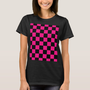 T-shirt à damiers carré rose chaud noir rétro géométrique