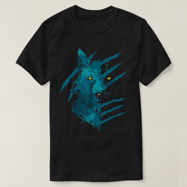 T-shirt Abstract Blue Wolf Spirit Scratch Art (Design devant)