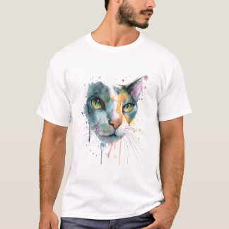 T-shirt Abstract Watercolor Cat Face Colorful Art.