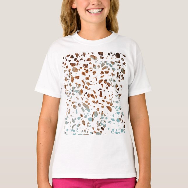 T-shirt Abstrait Terrazzo Mosaic rouille Brown & Motif ble (Devant)