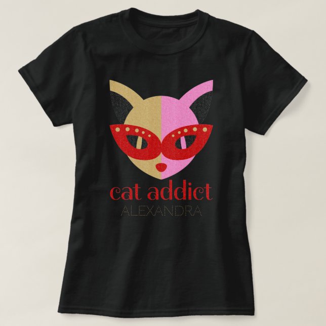 T-shirt Addict de chat mignon rouge rose or Customisé Nom (Design devant)