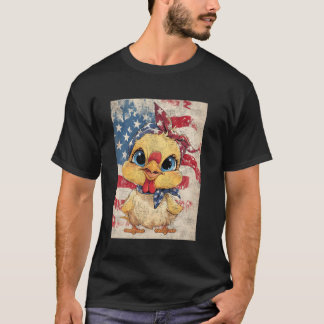 T-shirt Adorable Américaine Mignonne Poule Et Drapeau Amér