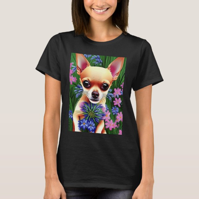 T-shirt Adorable Fawn Chihuahua Playing in Flowers (Devant)