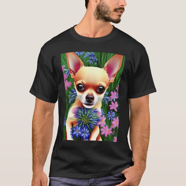 T-shirt Adorable Fawn Chihuahua Playing in Flowers (Devant)