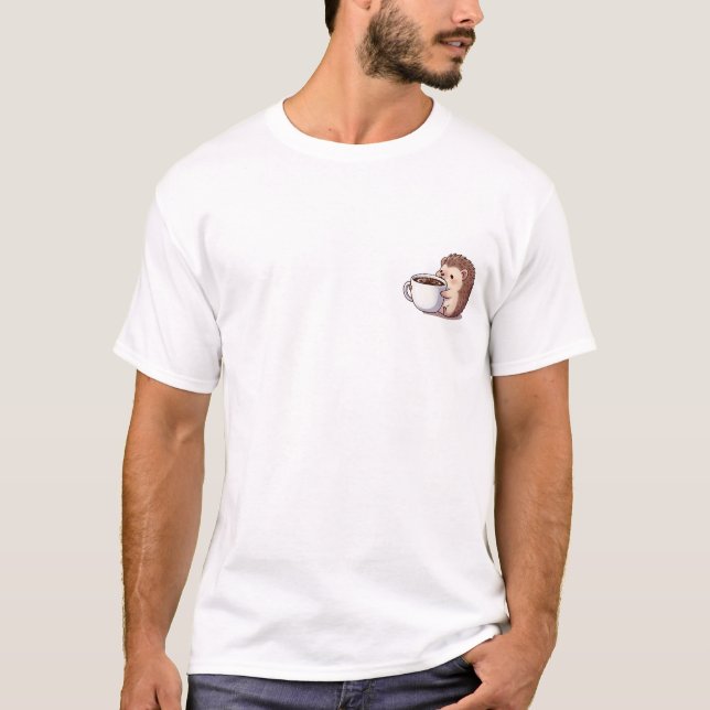 T-shirt Adorable Hedgehog Hugging Giant Steaming Coffee (Devant)