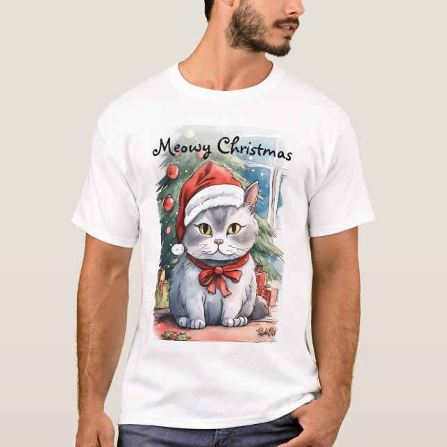 T-shirt Adorable kitty aquarelle style Meowy Cristmas (Devant)