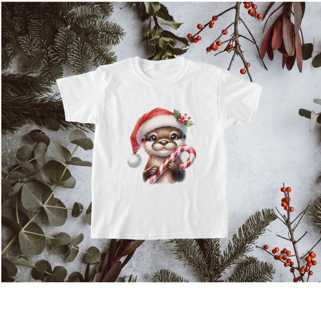 T-shirt Adorable Otter de Noël à Santa Hat avec bonbon (Créateur téléchargé)
