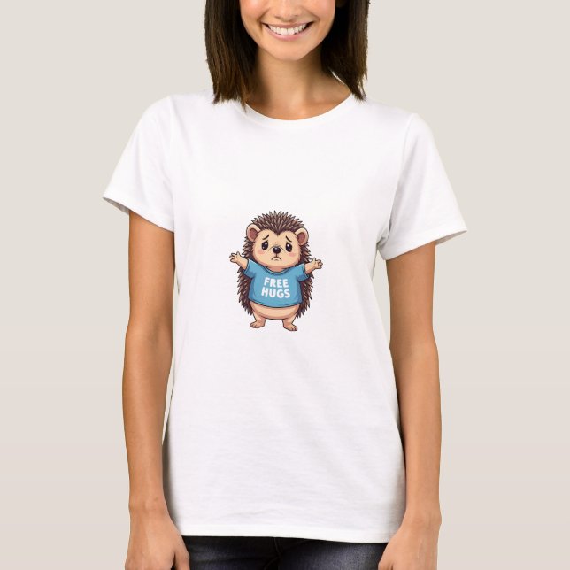 T-shirt Adorable Sad Hedgehog with Open Arms Wearing Blue  (Devant)