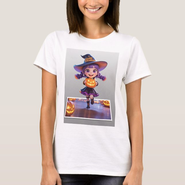 T-shirt Adorable sorcière d'Halloween avec Jack-o’-Lantern (Devant)