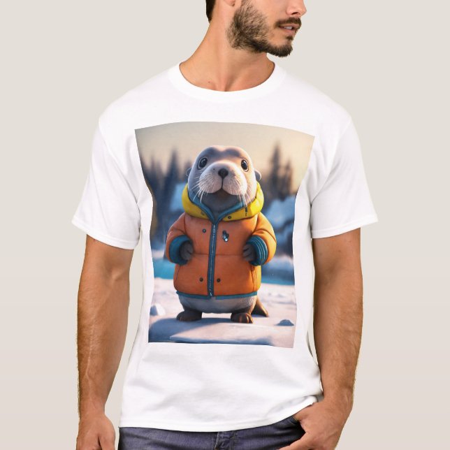 T-shirt Adorable Walrus en manteau d'hiver jaune (Devant)
