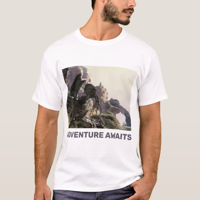 T-shirt Adventure Awaits. Fantasy landscape (Devant)