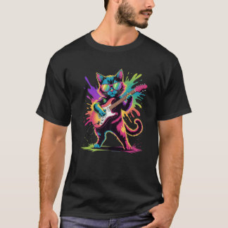 T-shirt Affiche de chat à guitare de style couleur éclabou