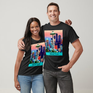 T-shirt Affiche de voyage de Seattle sous un ciel d'aube