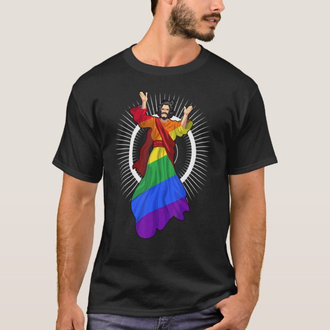 T-shirt Ah Men Funny Lgbt Gay pride Jesus Rainbow Flag Chr (Devant)