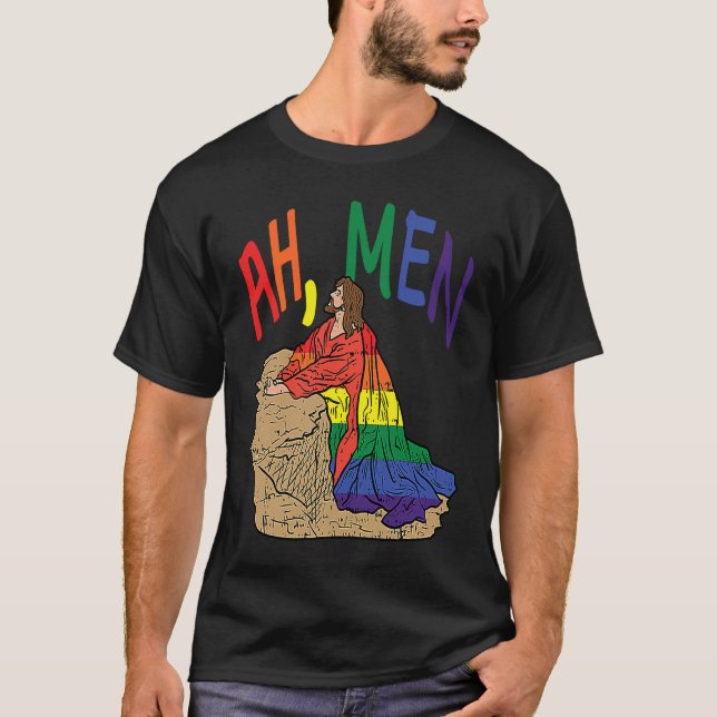 T-shirt Ah Men  LGBT Gay Pride Jesus Prayer Rainbow Flag (Devant)