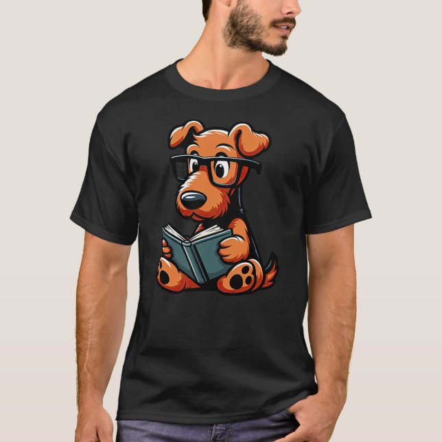 T-shirt Airedale Terrier Reading Funny Dog Book Lover (Devant)