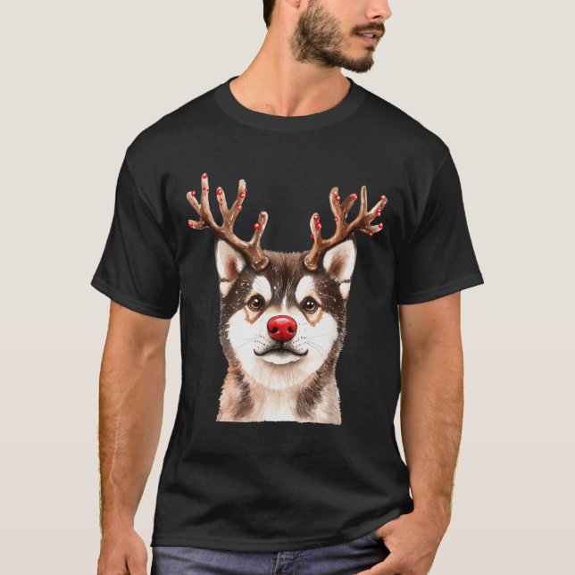 T-shirt Akita Reindeer Christmas Lights Dog Lover Xmas Paj (Devant)