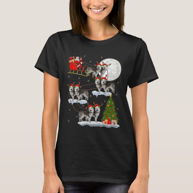 T-shirt Alaskan Malamute Dog Santa Sleigh Flying Funny Chr (Devant)