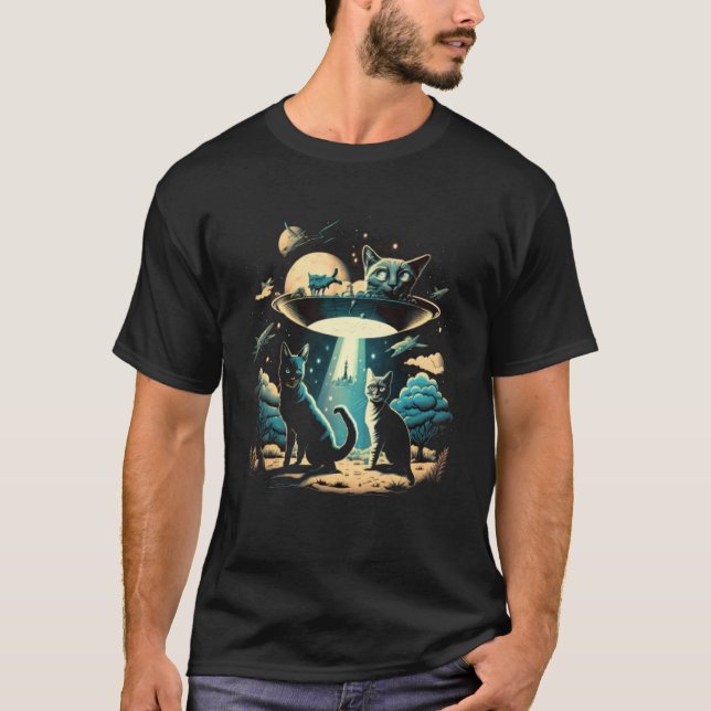 T-shirt Alien Abduction Cat Kitten UFO Spaceship Extraterr (Devant)
